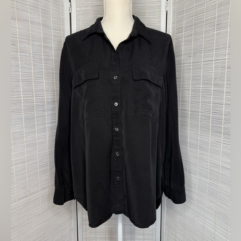 Babaton Shirt Black Distressed Wash Button Down Pockets Tencel Size M